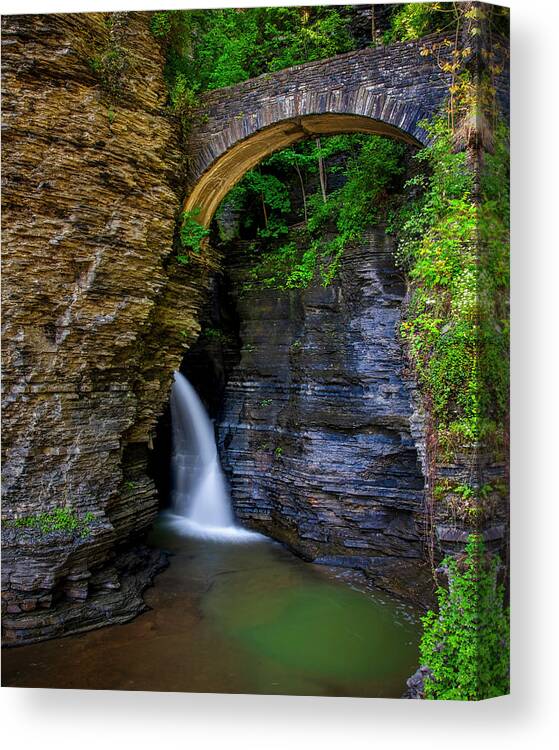 New York Canvas Print featuring the photograph Watkins Glen Suspension B ridge cascade by Andy Crawford