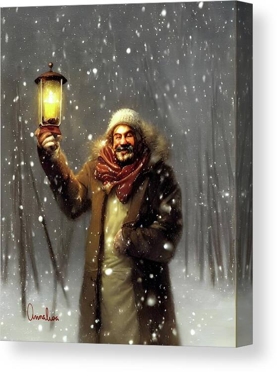 Snowstorm Canvas Print featuring the digital art Welcoming Fellow in the Snow by Annalisa Rivera-Franz
