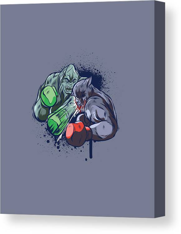 Monster Canvas Print featuring the drawing werewolf and a Sasquatch going at it with some boxing gloves in the ring by Gulnazira Kharunova