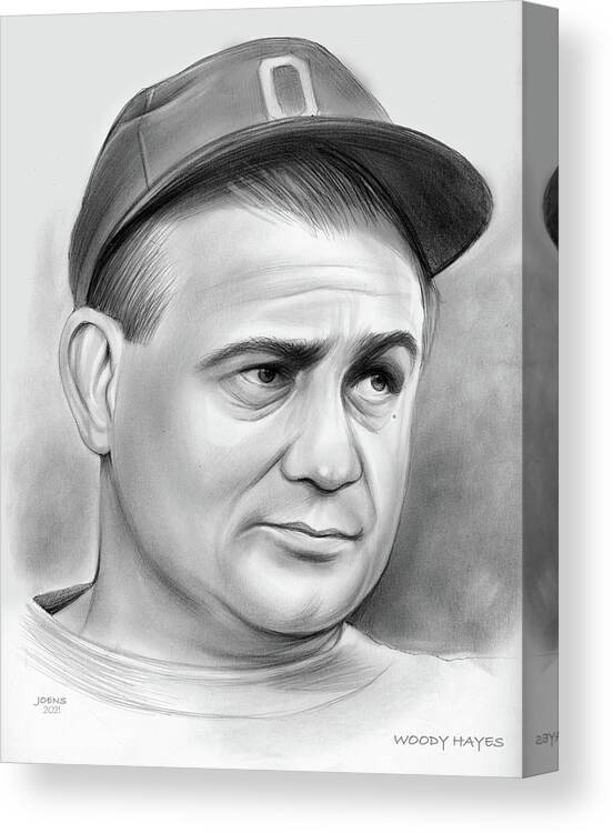 Woody Hayes Canvas Print featuring the drawing Woody Hayes - pencil by Greg Joens