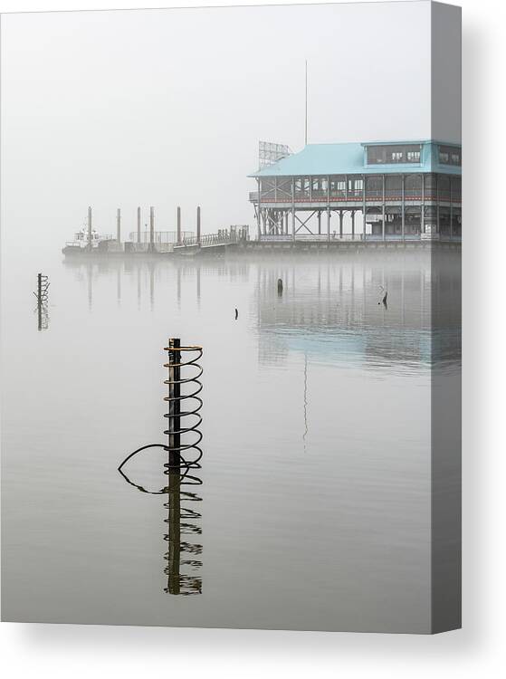 Hudson River Canvas Print featuring the photograph Yonkers Pier in Thick Fog by Kevin Suttlehan