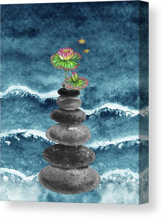 Zen Rocks Canvas Print featuring the painting Zen Rocks Cairn Meditative Tower And Lotus Flower Watercolor by Irina Sztukowski