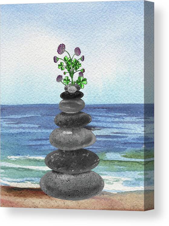 Cairn Rocks Canvas Print featuring the painting Zen Rocks Cairn Meditative Tower And Lucky Clover Flower Watercolor by Irina Sztukowski