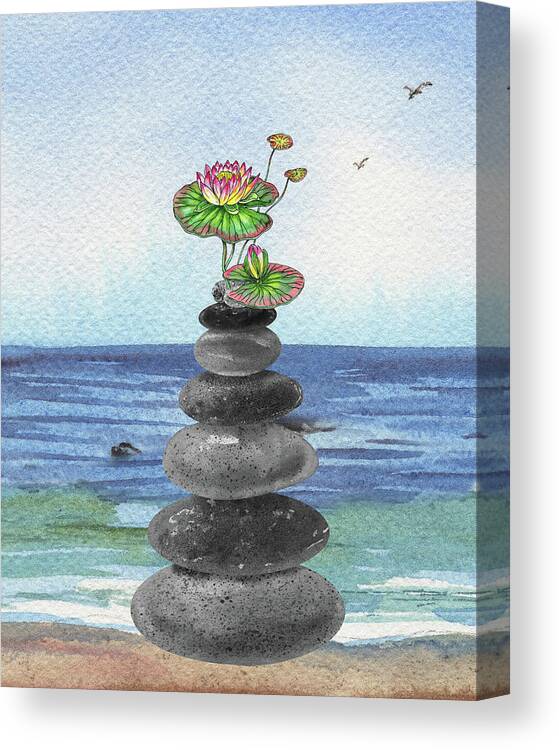 Cairn Rocks Canvas Print featuring the painting Zen Rocks Cairn Meditative Tower And Water Lily Flower Watercolor by Irina Sztukowski