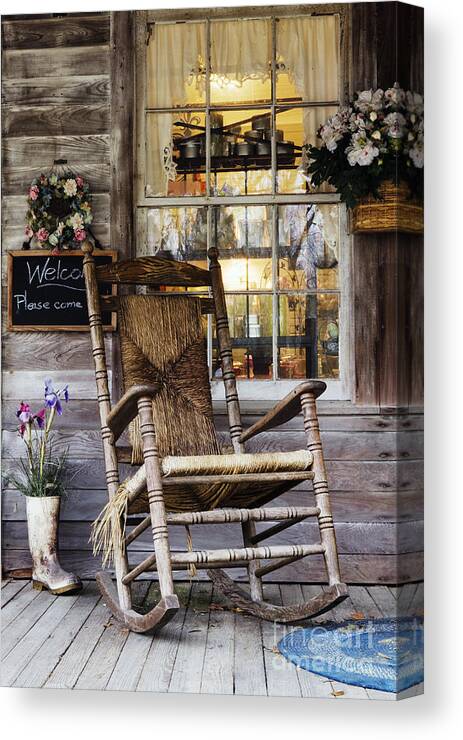 Old Wooden Rocking Chair On A Wooden Porch Canvas Print Canvas