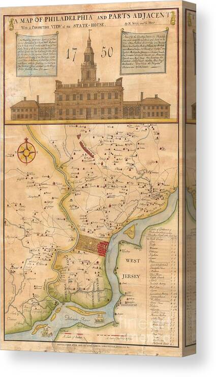  This Rare Map Is An 1850 Reprint Of An Important 1752 Map Originally Issued By N. Scull And G. Heap. George Heap Canvas Print featuring the photograph 1752 Scull Heap Map of Philadelphia and Environs by Paul Fearn