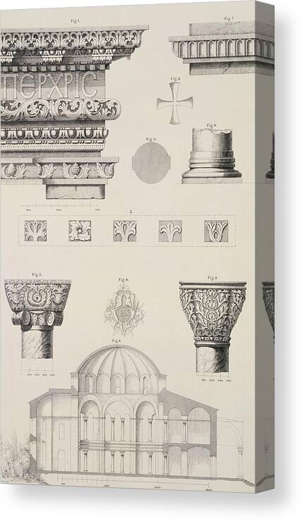 Byzantine; Capitals; Entablature; Decoration; Print; Istanbul; Turkey; Saint; Ss Canvas Print featuring the drawing Cross section and architectural details of Kutciuk Aja Sophia the church of Sergius and Bacchus by D Pulgher