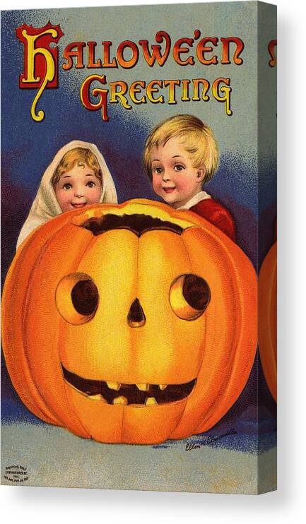 Jack-o-lantern; Boy; Girl; Children; Holiday; Pumpkin; Halloween; Child Canvas Print featuring the painting Halloween Greeting by Ellen Hattie Clapsaddle