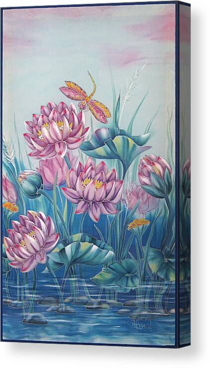Lotus Canvas Print featuring the painting Lotuses in silver dew by Alena Priest