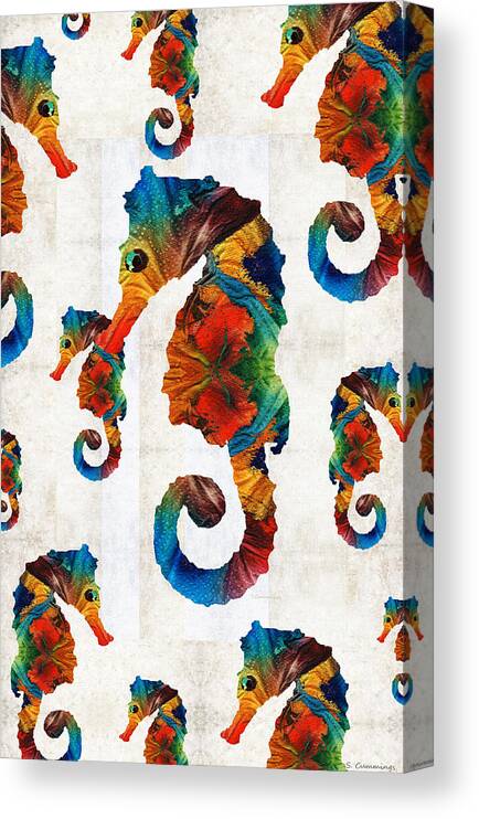 Seahorse Canvas Print featuring the painting Colorful Seahorse Collage Art by Sharon Cummings by Sharon Cummings