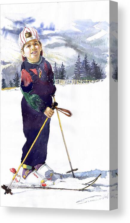 Watercolor Watercolour Figurative Ski Children Portret Realism Canvas Print featuring the painting Denis 03 by Yuriy Shevchuk