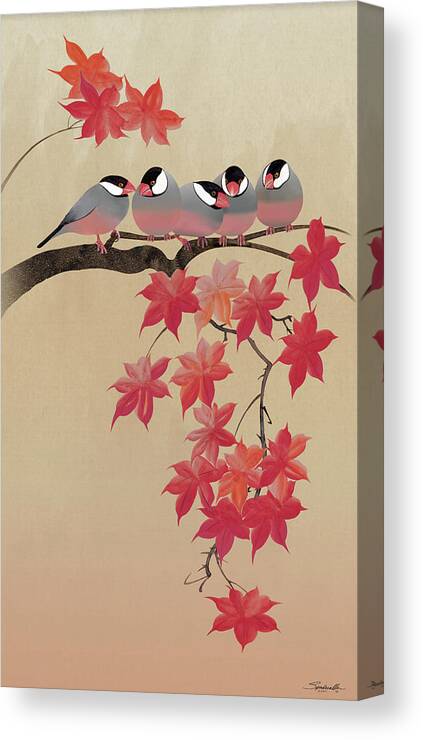 Bird Canvas Print featuring the digital art Java Sparrows in Japanese Maple Tree by M Spadecaller