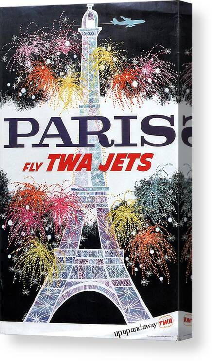 Travel Poster Canvas Print featuring the mixed media Paris - TWA Jets - Trans World Airlines - Eiffel Tower - Retro travel Poster - Vintage Poster by Studio Grafiikka