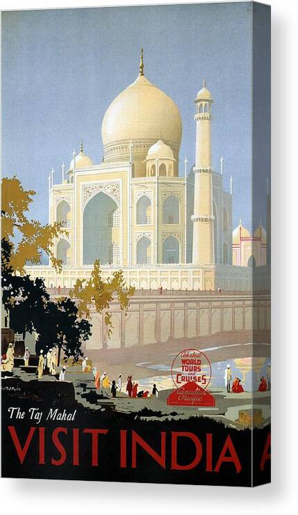 Taj Mahal Canvas Print featuring the painting Taj Mahal Agra India - Vintage Travel Advertising Poster by Studio Grafiikka
