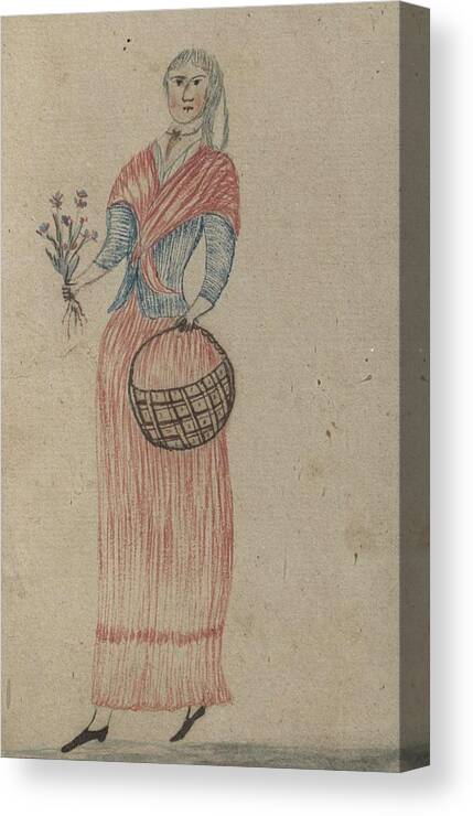 Girl Canvas Print featuring the painting American School, 19th Century MINIATURE PORTRAIT OF A FARM GIRL WITH FLOWERS AND GATHERING BASKET by MotionAge Designs
