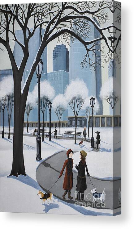 Central Park Canvas Print featuring the painting Central Park New York puppies dog by Debbie Criswell
