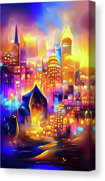 City Canvas Print featuring the digital art City Lights 01 Magical Golden Glow by Matthias Hauser
