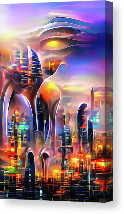 City Canvas Print featuring the digital art City Lights 28 Futuristic Alien Metropolis by Matthias Hauser