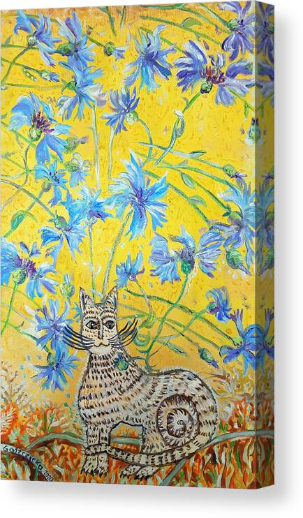 Cornflowers And A White Cat Canvas Print featuring the painting Cornflowers And A White Cat by Elzbieta Goszczycka