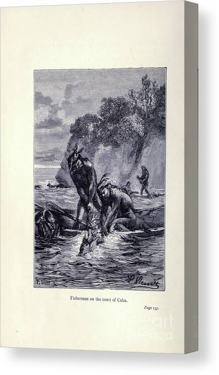 Cuba Canvas Print featuring the drawing Fishermen on the Coast of Cuba x5 by Historic illustrations