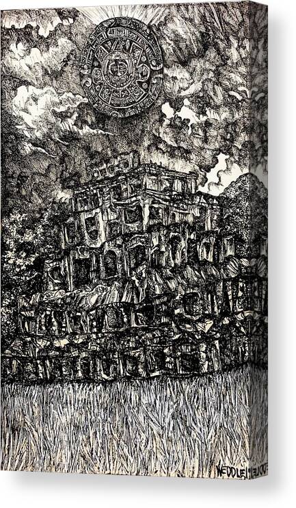 Pen And Ink Drawing Canvas Print featuring the drawing Pyramid of the Seven Stories and The Fifth Sun by Angela Weddle