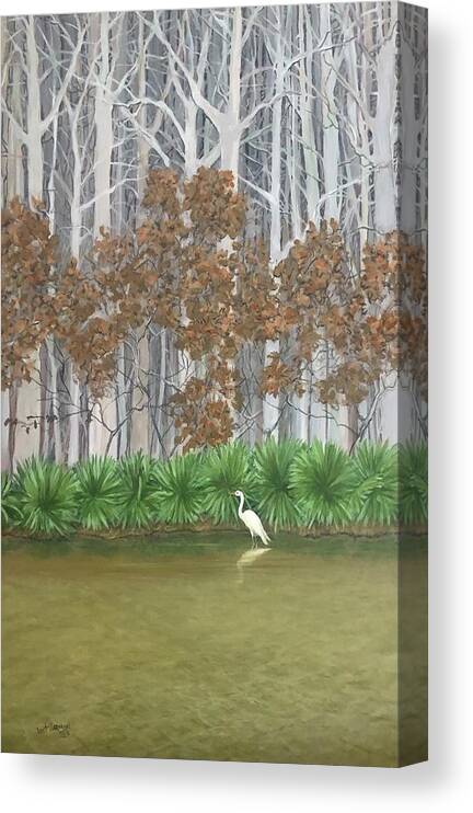 Trees Canvas Print featuring the painting Egret on Tibbee Creek by Jeanette Jarmon