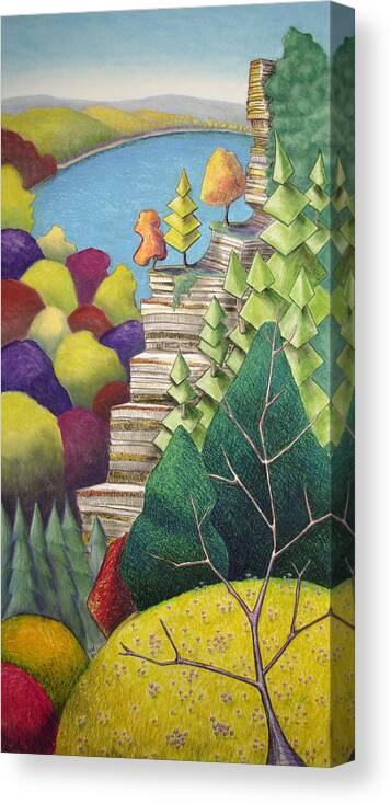Cliff Canvas Print featuring the mixed media Cliff Overlooking Lake with Colorful Trees by Michele Fritz