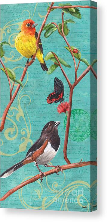 Bird Canvas Print featuring the painting Verdigris Songbirds 2 by Debbie DeWitt