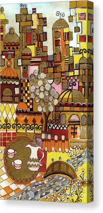Jerusalem Canvas Print featuring the painting Jerusalem alleys tall 5 in red yellow brown orange green and white abstract skyline landscape  by Rachel Hershkovitz