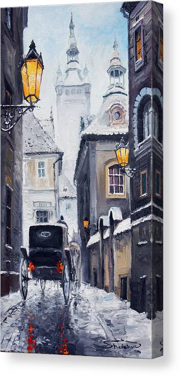 Oil Canvas Print featuring the painting Prague Old Street 02 #1 by Yuriy Shevchuk