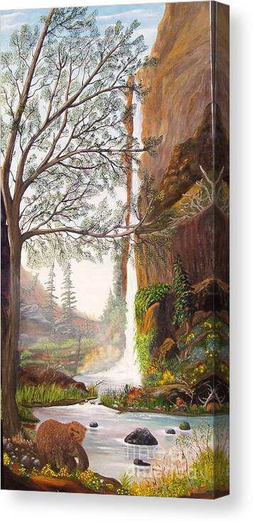 Landscape / Waterfall / Bears/ Wildlife/trees/cliffs/flowers/mist Canvas Print featuring the painting Bears at Waterfall by Myrna Walsh