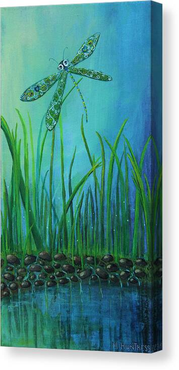 Dragon Fly Canvas Print featuring the painting Dragonfly at the Bay by Mindy Huntress