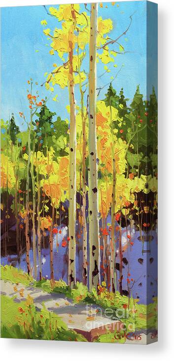 Autumn Aspen Forest Covered In Early Snow Southwestern Rocky Mountain Orange Leaves White Sliver Bark Aspen Trunks Wildflowers Foreground Along Grasses Aspen Trees Golden Yellow Vibrant Colorful Autumn Tree Foliage Giclee Print Landscape Wildflower Elk Mountains Maroon Peak Forest Nature Woods Flowers Trees Summer Spring Flowers Tree Canopy Vibrant Vivid Colorful Colourful Gary Kim Fineart Original Oil Painting Landscape Oil Painting Contemporary Canvas Print featuring the painting Golden Aspen in early snow by Gary Kim