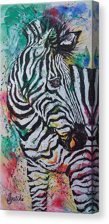 Zebra Canvas Print featuring the painting Looking Back by Jyotika Shroff