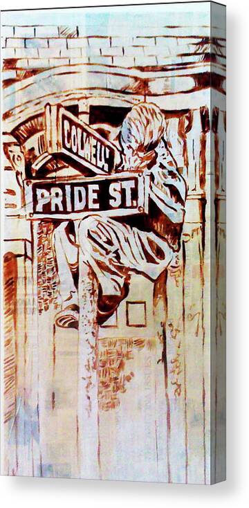 Boy On Street Sign Canvas Print featuring the painting Pride St by Femme Blaicasso