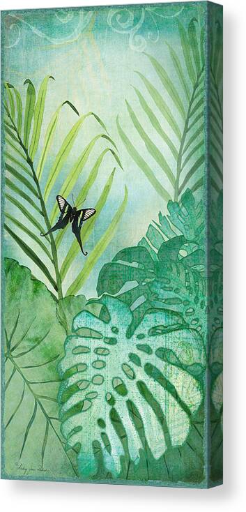 Jungle Canvas Print featuring the painting Rainforest Tropical - Philodendron Elephant Ear and Palm Leaves w Botanical Butterfly by Audrey Jeanne Roberts