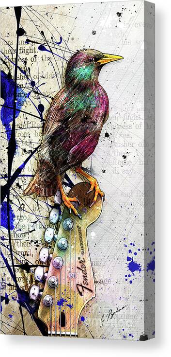 Starling Canvas Print featuring the digital art Starling On A Strat by Gary Bodnar