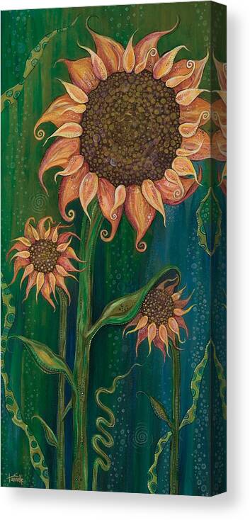 Sunflowers On Green Background Canvas Print featuring the painting Vivacious by Tanielle Childers