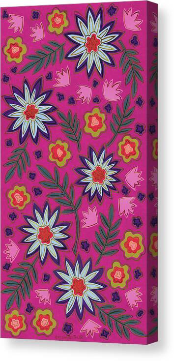 Flowers Leaves On Gold Pink Grd Canvas Print featuring the painting Flowers Leaves On Gold Pink Grd by Andrea Strongwater