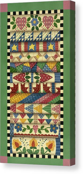Stack Of Quilts Canvas Print featuring the painting Stack Of Quilts With Light
Green Border 1 by Debbie Mcmaster