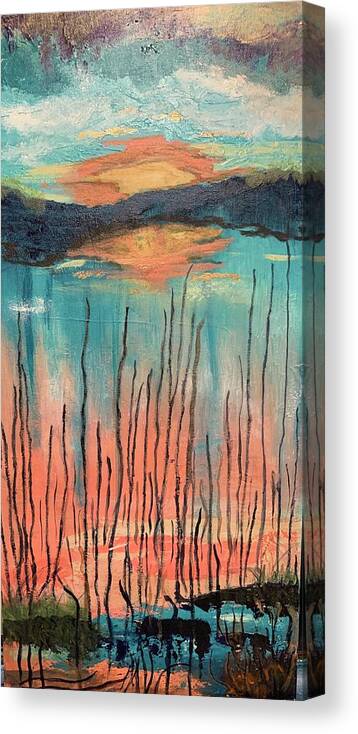 Sunset Canvas Print featuring the painting Reeds At Sunset #1 by Laura Jaffe