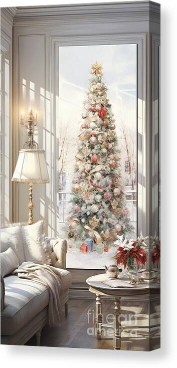 Christmas Tree Canvas Print featuring the painting 3d watercolor painting living room with christm by Asar Studios by Celestial Images