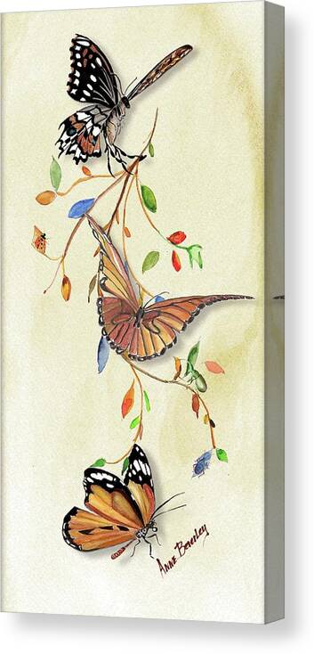 Butterflies Canvas Print featuring the painting Butterflies Three Companion by Anne Beverley-Stamps