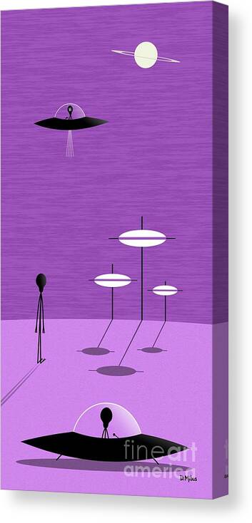 Sci Fi Art Canvas Print featuring the digital art Friendly Aliens Visit Purple Planet by Donna Mibus