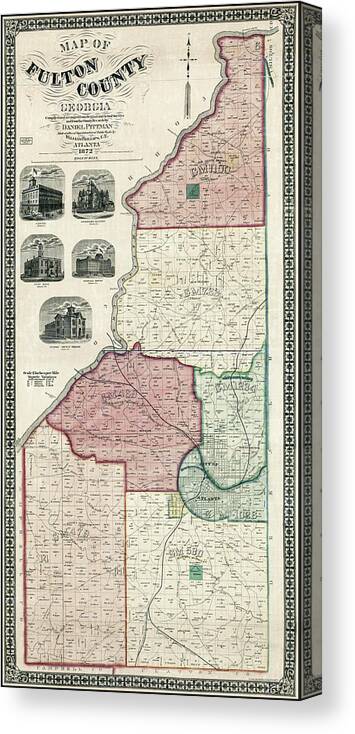 Georgia Map Canvas Print featuring the photograph Fulton County Georgia Vintage Map 1893 by Carol Japp