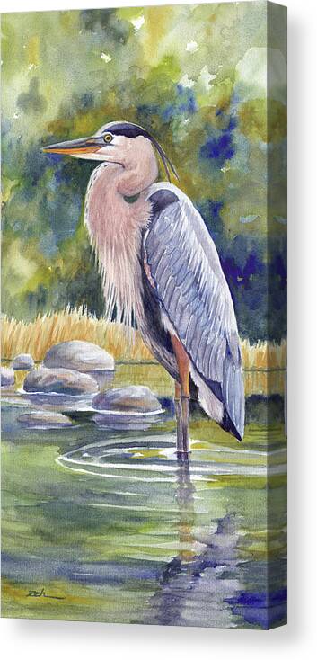 Great Blue Heron Canvas Print featuring the painting Great Blue Heron in a Stream I by Janet Zeh