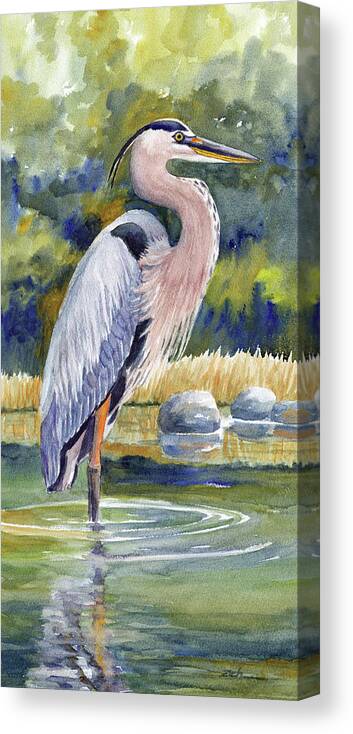 Heron Canvas Print featuring the painting Great Blue Heron in a Stream II by Janet Zeh