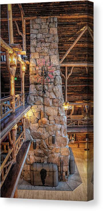 Yellowstone National Park Canvas Print featuring the photograph Old Faithful Inn Fireplace by Stephen Stookey