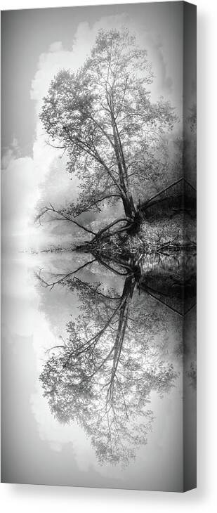 Black Canvas Print featuring the photograph Misty Morning Tree Reflections Black and White by Debra and Dave Vanderlaan