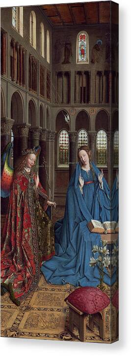 The Annunciation Canvas Print featuring the painting The Annunciation #3 by Jan van Eyck